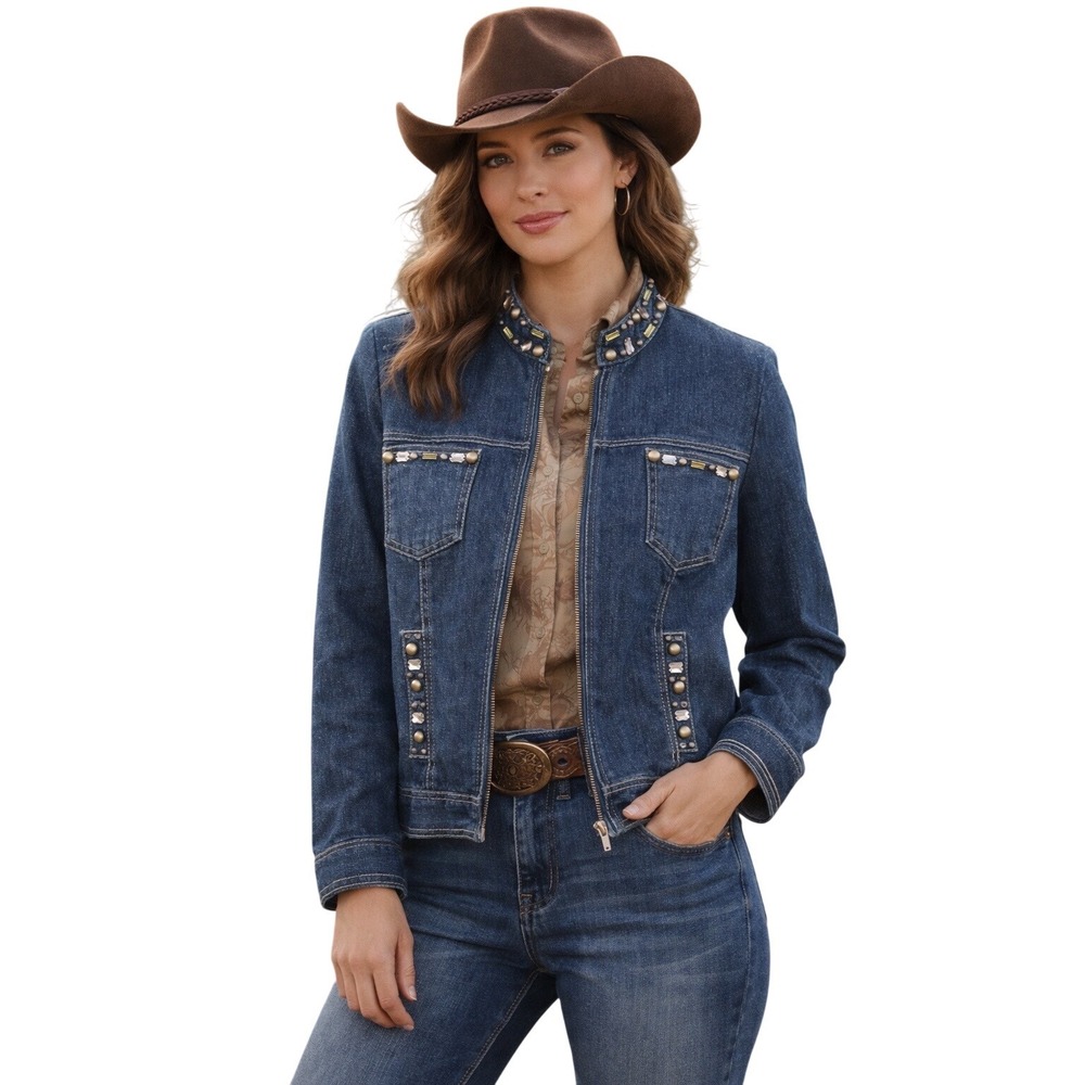 Ruby Road Studded Denim Jacket Petite 10 Vintage Boho Zip Western Festival